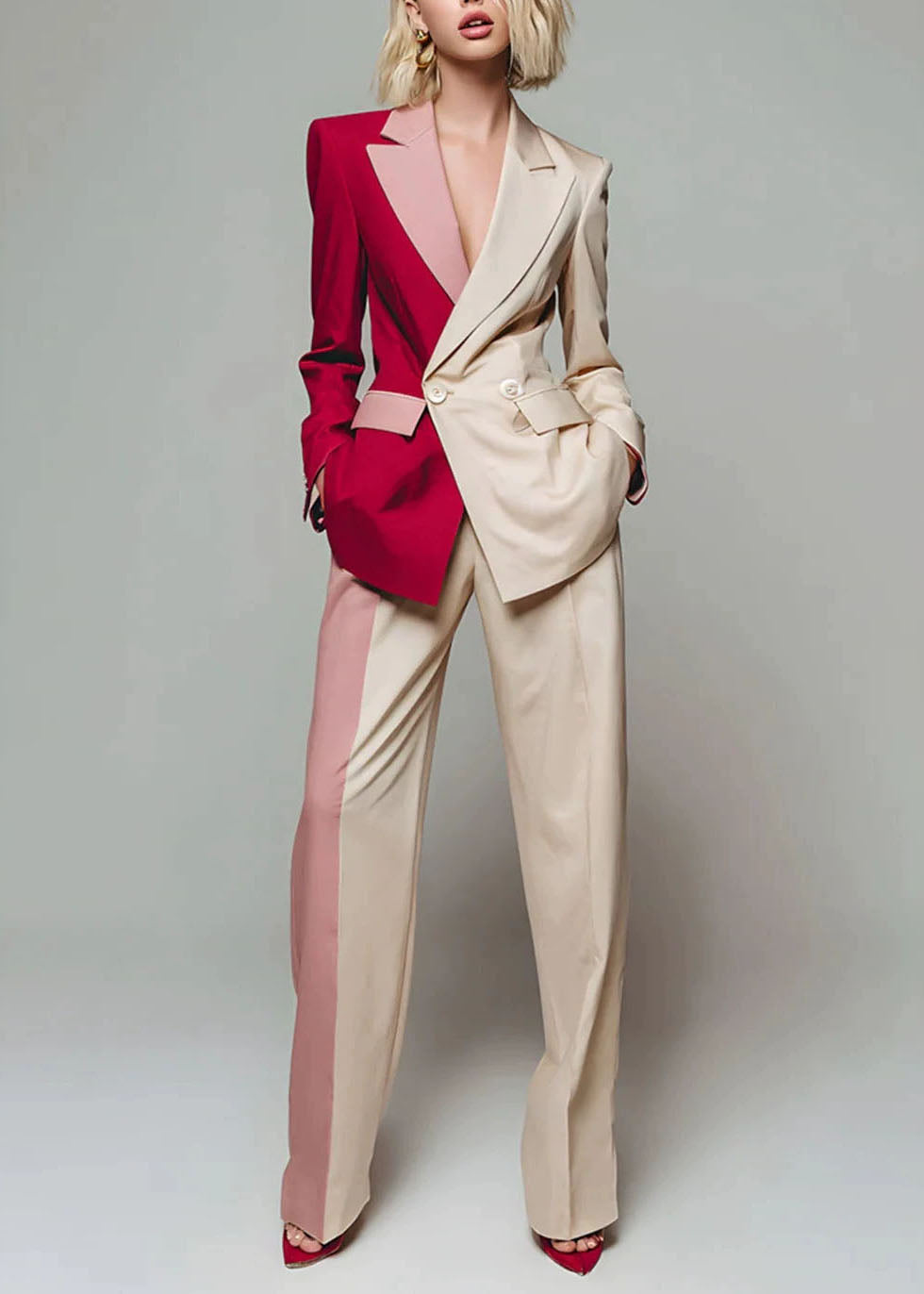 New Color Blocked Long Sleeved Blazer Jackets Coat And Wide Leg Pants Set