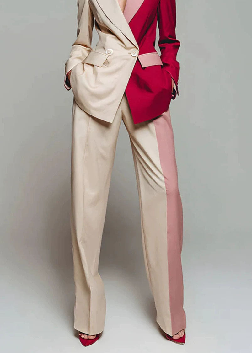 New Color Blocked Long Sleeved Blazer Jackets Coat And Wide Leg Pants Set