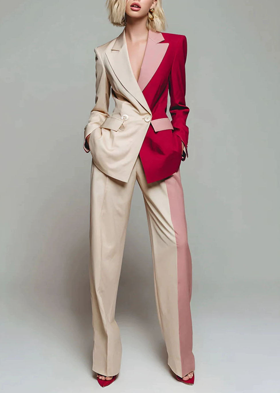 New Color Blocked Long Sleeved Blazer Jackets Coat And Wide Leg Pants Set