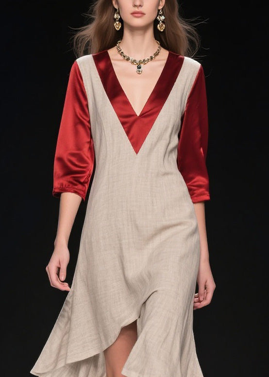 New Colorblock Asymmetrical Design Patchwork Linen Silk Dress Summer