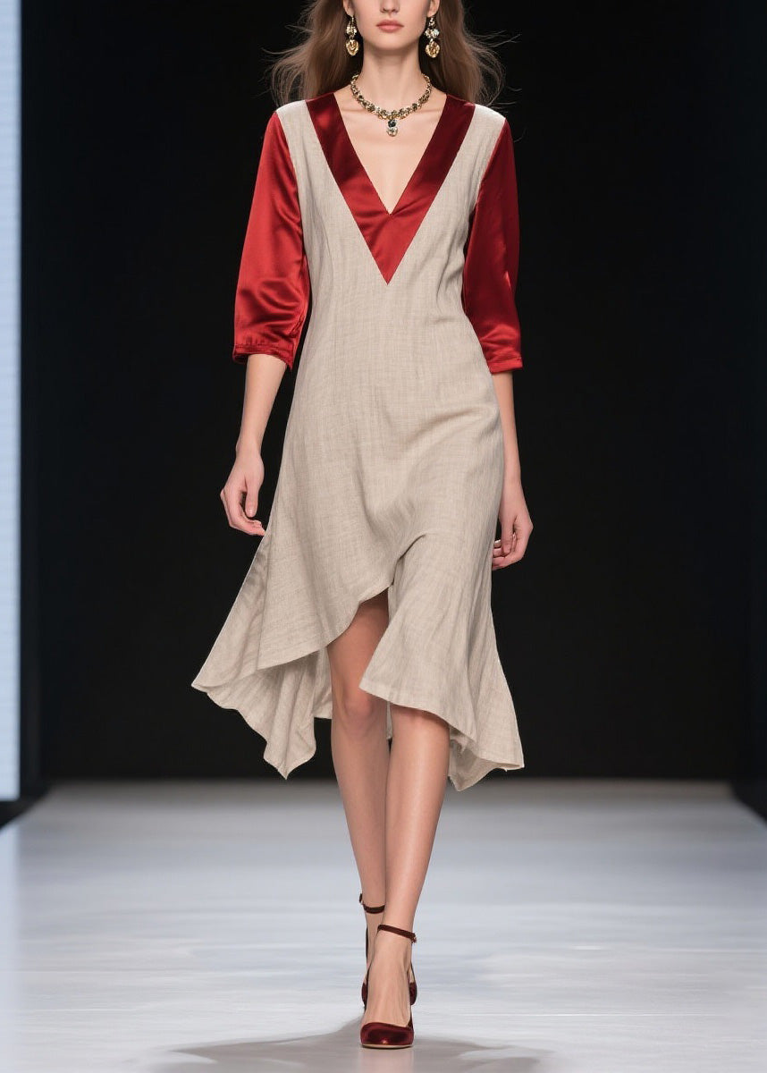 New Colorblock Asymmetrical Design Patchwork Linen Silk Dress Summer