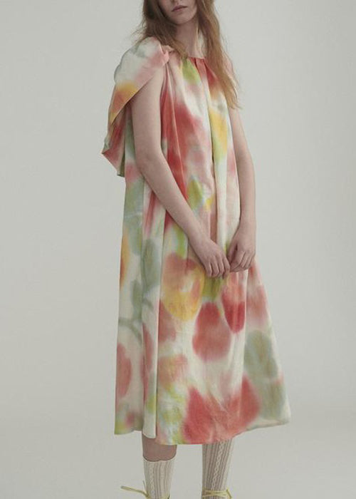 Neues Leinenkleid mit Farbblock-Rüschendruck für den Sommer