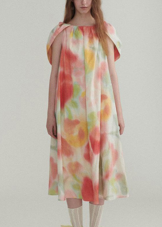 Neues Leinenkleid mit Farbblock-Rüschendruck für den Sommer