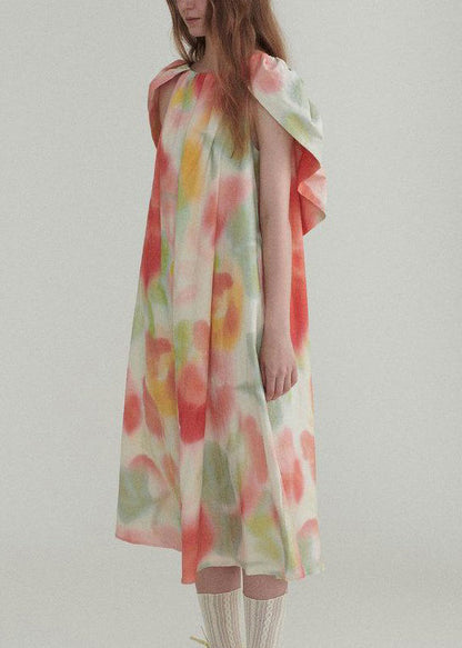 Neues Leinenkleid mit Farbblock-Rüschendruck für den Sommer