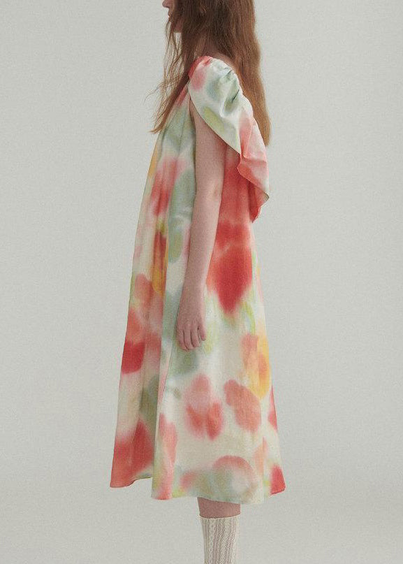 Neues Leinenkleid mit Farbblock-Rüschendruck für den Sommer