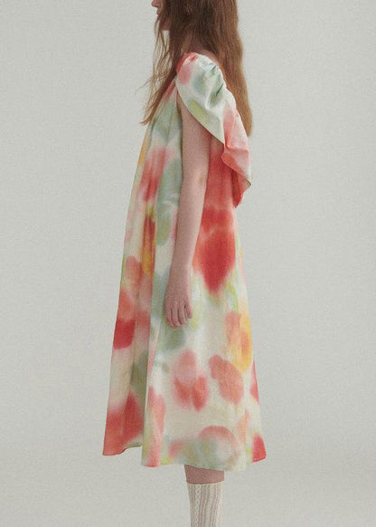 Neues Leinenkleid mit Farbblock-Rüschendruck für den Sommer