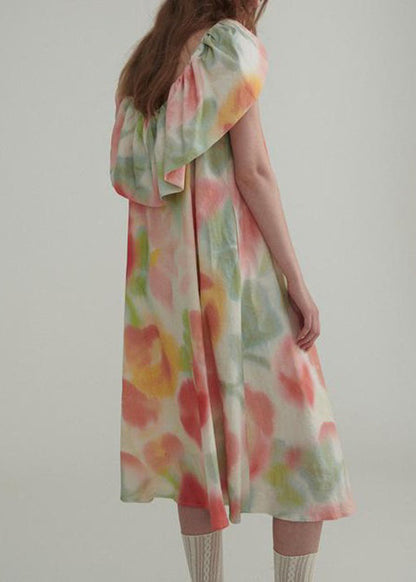 Neues Leinenkleid mit Farbblock-Rüschendruck für den Sommer