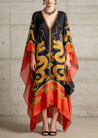 New Colorblock V Neck Print Chiffon Maxi Dress Batwing Sleeve
