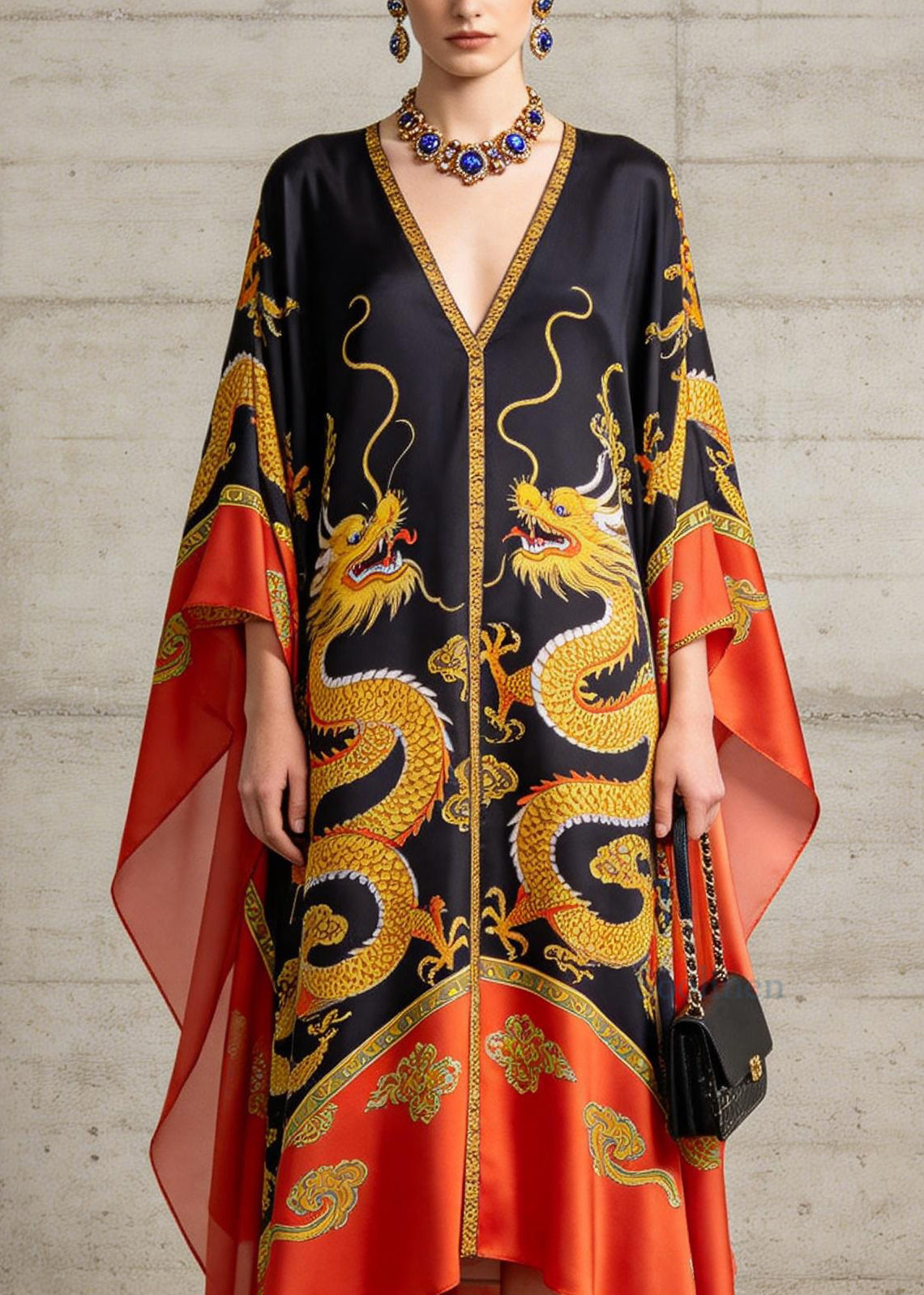 New Colorblock V Neck Print Chiffon Maxi Dress Batwing Sleeve