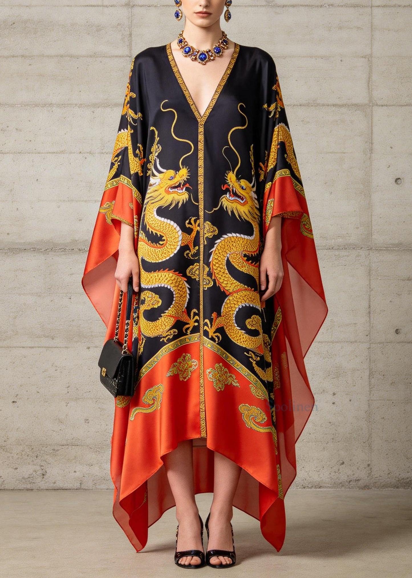 New Colorblock V Neck Print Chiffon Maxi Dress Batwing Sleeve