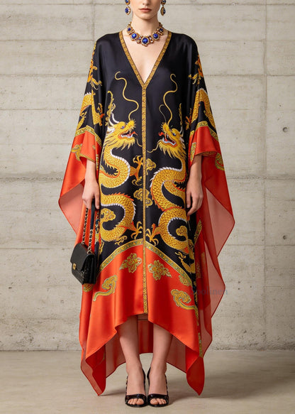 New Colorblock V Neck Print Chiffon Maxi Dress Batwing Sleeve