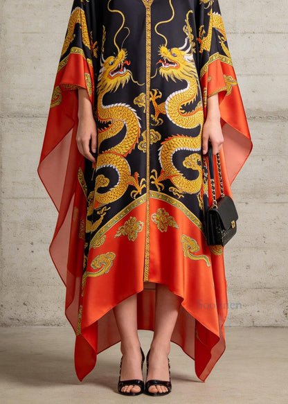 New Colorblock V Neck Print Chiffon Maxi Dress Batwing Sleeve