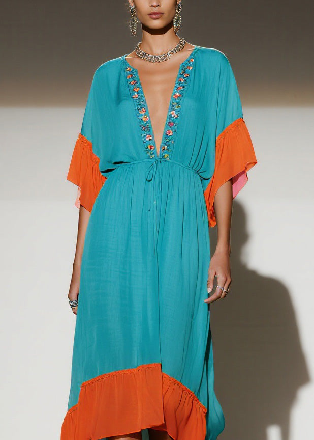 New Colorblock V Neck Print Patchwork Chiffon Dress Summer