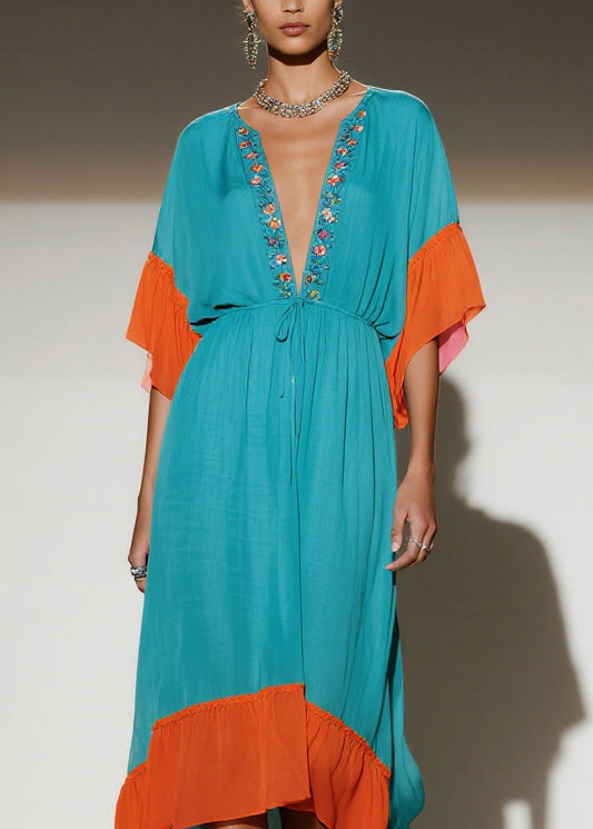 New Colorblock V Neck Print Patchwork Chiffon Dress Summer