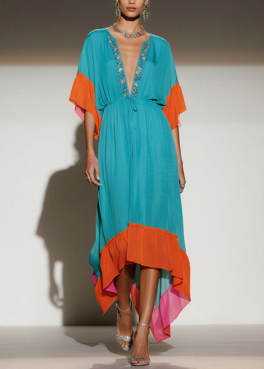 New Colorblock V Neck Print Patchwork Chiffon Dress Summer