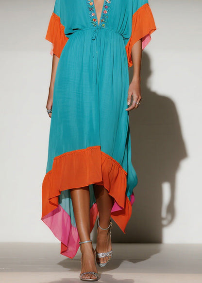 New Colorblock V Neck Print Patchwork Chiffon Dress Summer