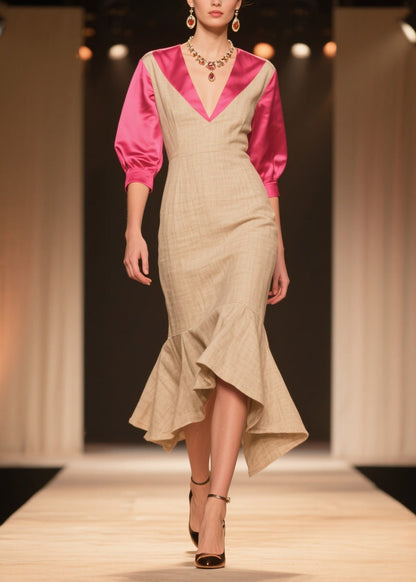 New Colorblock V Neck Ruffled Patchwork Linen Silk Dress Summer