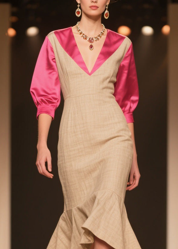 New Colorblock V Neck Ruffled Patchwork Linen Silk Dress Summer
