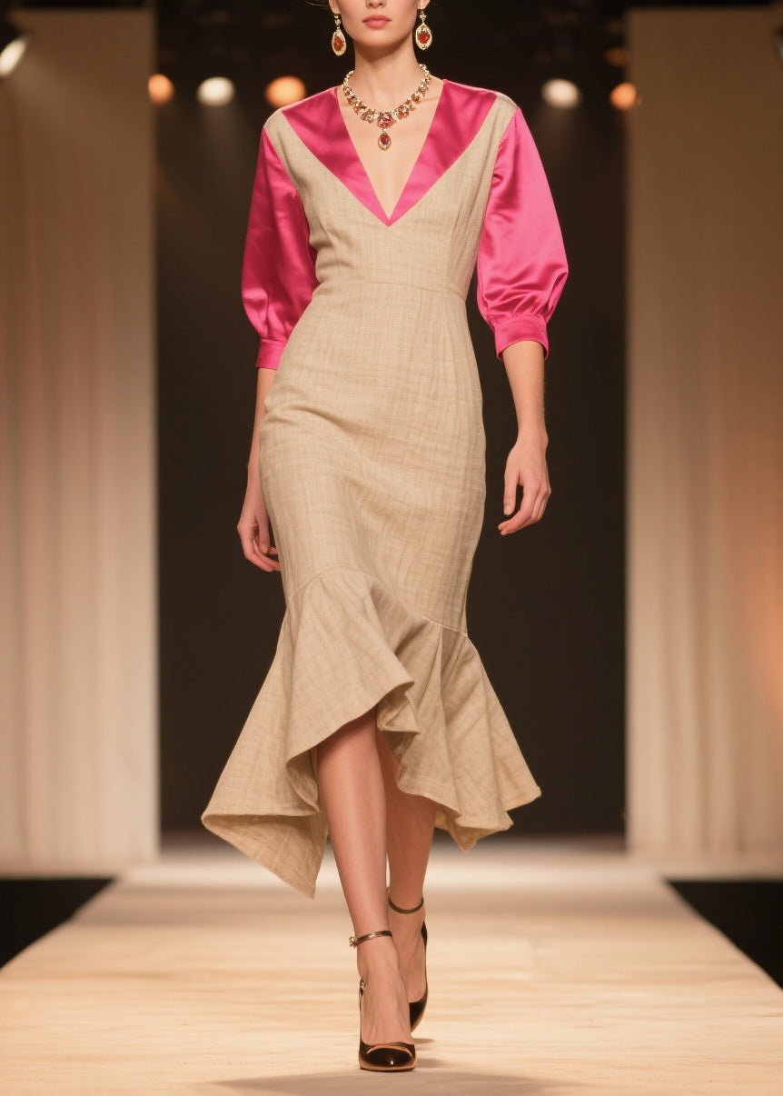 New Colorblock V Neck Ruffled Patchwork Linen Silk Dress Summer