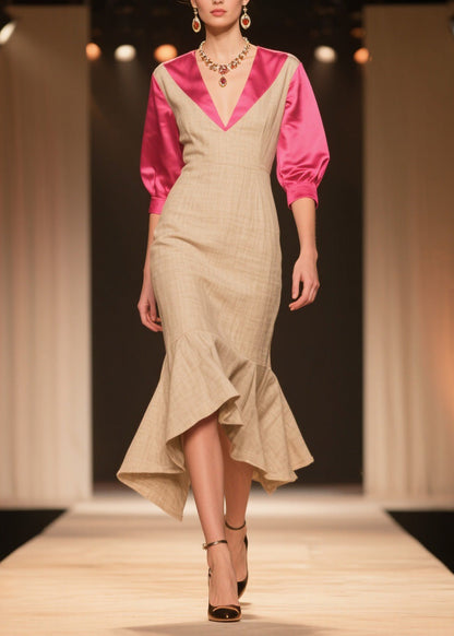 New Colorblock V Neck Ruffled Patchwork Linen Silk Dress Summer