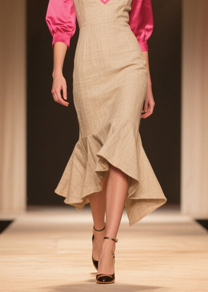 New Colorblock V Neck Ruffled Patchwork Linen Silk Dress Summer