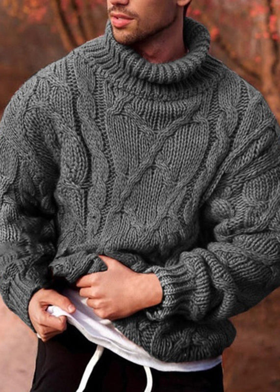 New Dark Gray Turtleneck Thick Cotton Cable Knit Men Sweater Winter