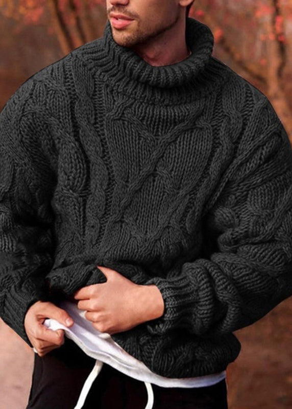 New Dark Gray Turtleneck Thick Cotton Cable Knit Men Sweater Winter