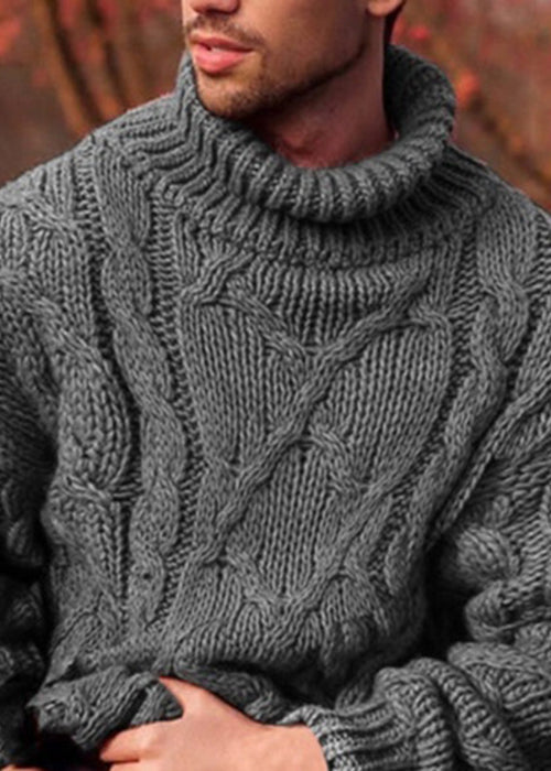New Dark Gray Turtleneck Thick Cotton Cable Knit Men Sweater Winter