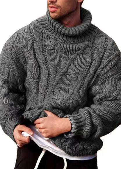 New Dark Gray Turtleneck Thick Cotton Cable Knit Men Sweater Winter