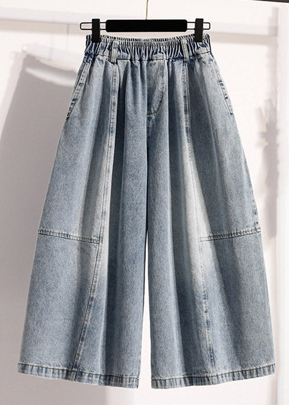 New Denim Light Blue Elastic Waist Crop Wide Leg Pants