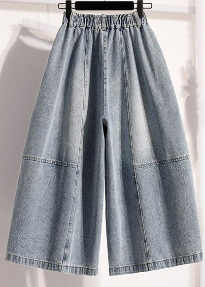 New Denim Light Blue Elastic Waist Crop Wide Leg Pants