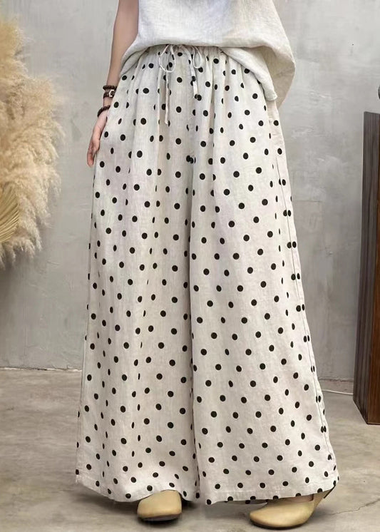 New Dot Pockets Elastic Waist Linen Wide Leg Pants Summer