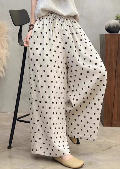 New Dot Pockets Elastic Waist Linen Wide Leg Pants Summer