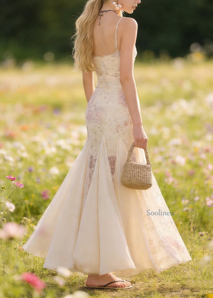 New Floral Patchwork Tulle Spaghetti Strap Dress Summer