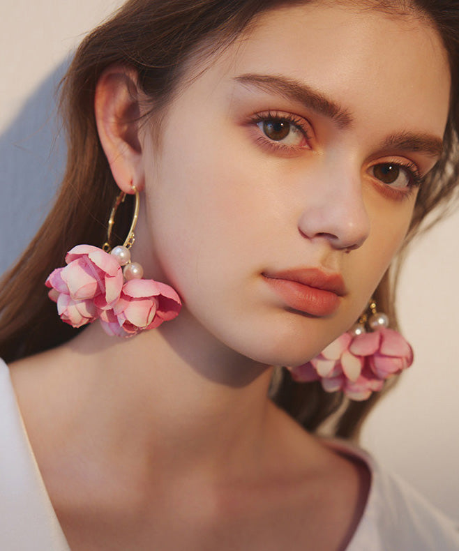 New French Rose Pink Flower Hoop Earrings