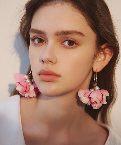 New French Rose Pink Flower Hoop Earrings