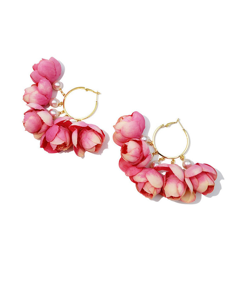 New French Rose Pink Flower Hoop Earrings