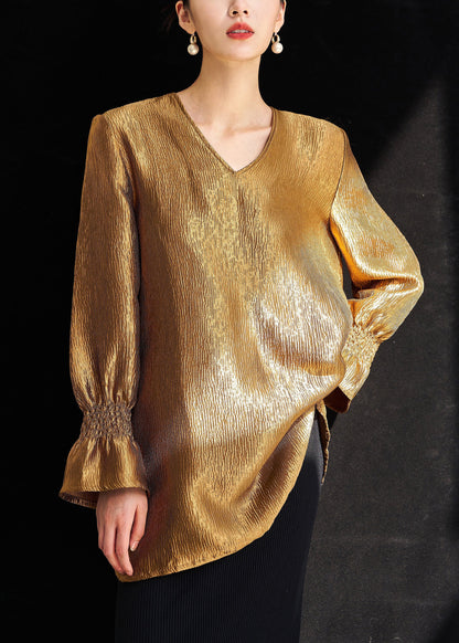 New Gold V Neck Side Open Solid Silk Shirt Fall