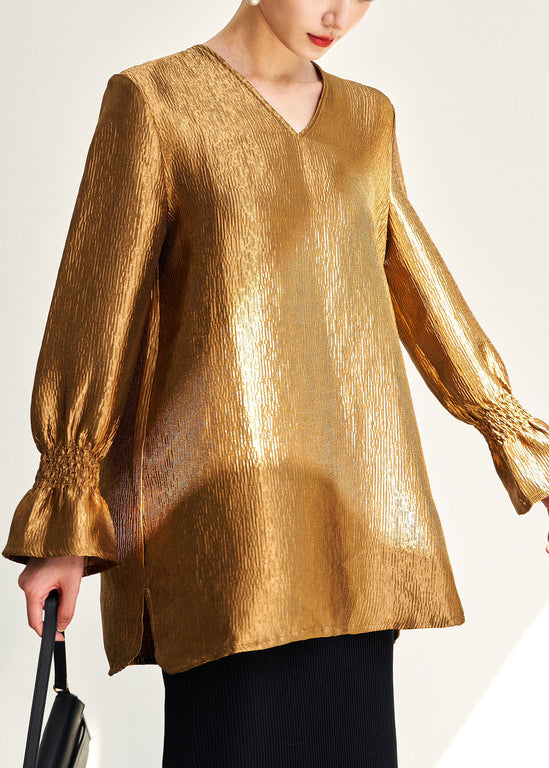New Gold V Neck Side Open Solid Silk Shirt Fall