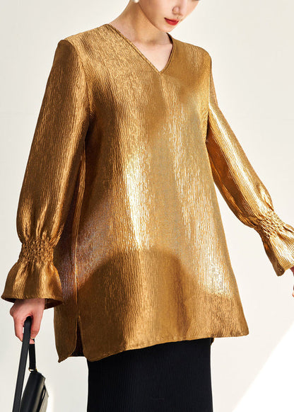 New Gold V Neck Side Open Solid Silk Shirt Fall