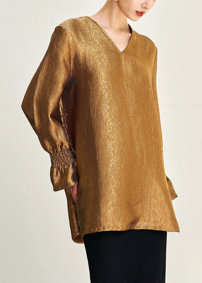 New Gold V Neck Side Open Solid Silk Shirt Fall