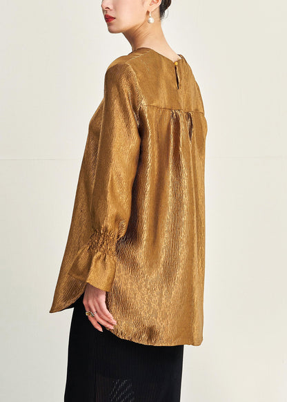 New Gold V Neck Side Open Solid Silk Shirt Fall