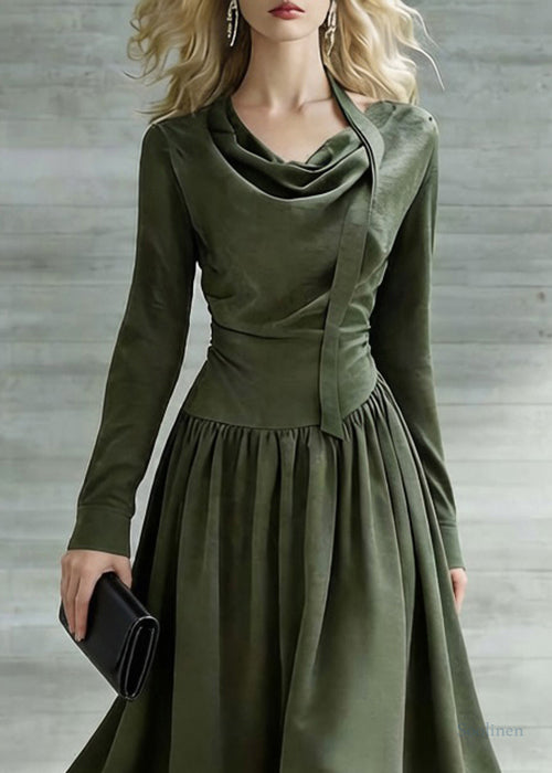 New Green Bow Wrinkled Solid Cotton Long Dresses Spring