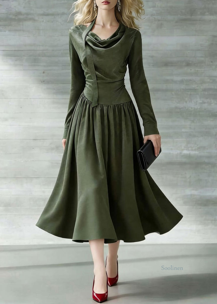 New Green Bow Wrinkled Solid Cotton Long Dresses Spring
