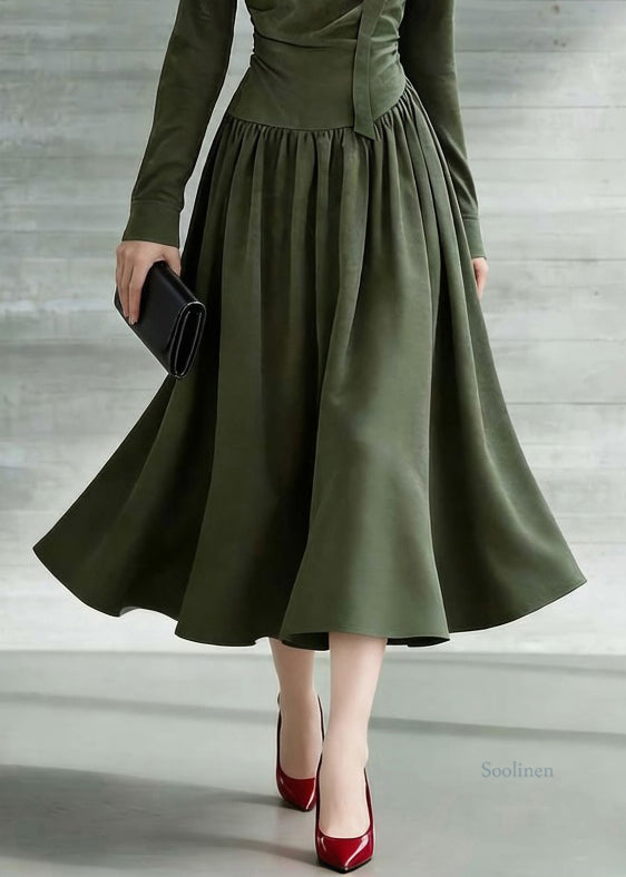 New Green Bow Wrinkled Solid Cotton Long Dresses Spring