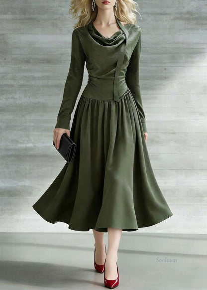 New Green Bow Wrinkled Solid Cotton Long Dresses Spring
