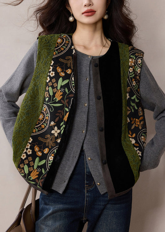 New Green Embroideried Patchwork Silk Velour Vest Sleeveless