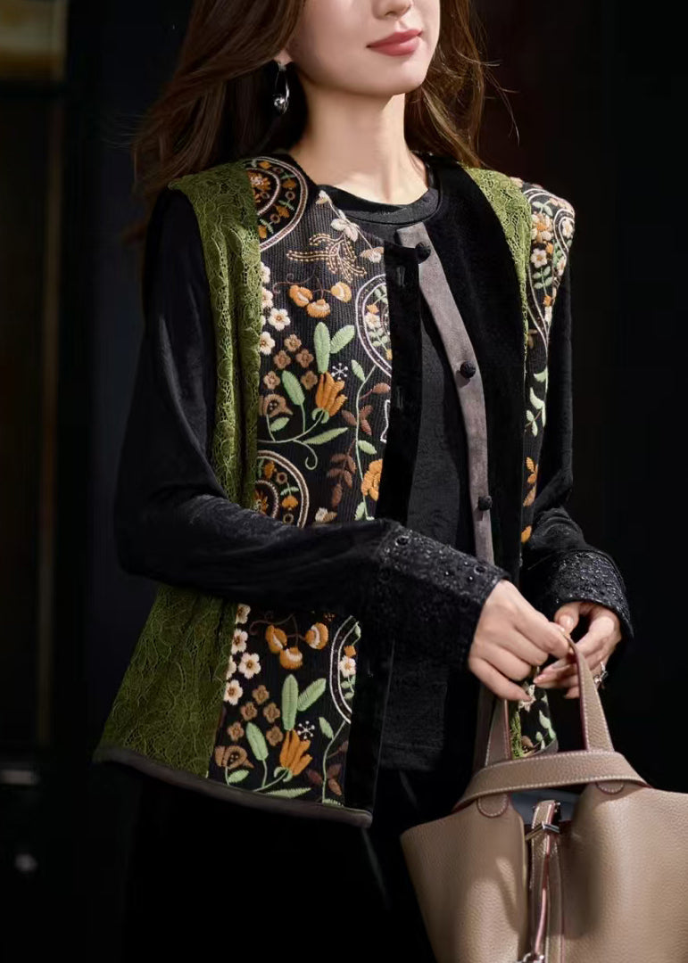 Neue grüne, bestickte Patchwork-Seidenveloursweste, ärmellos