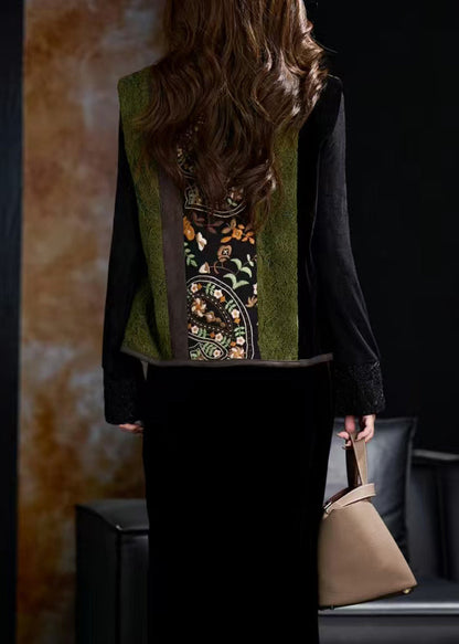 Neue grüne, bestickte Patchwork-Seidenveloursweste, ärmellos