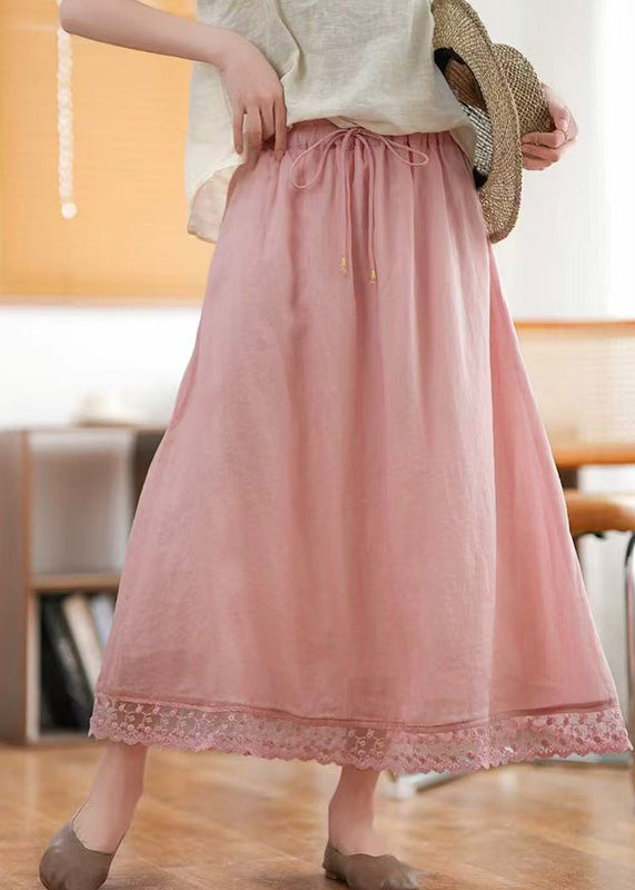 New Green Hollow Out Elastic Waist Linen Skirts Summer